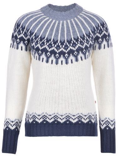 Bilde av en mønstret strikkegenser i ull til dame, i hvit med ulike blånyanser