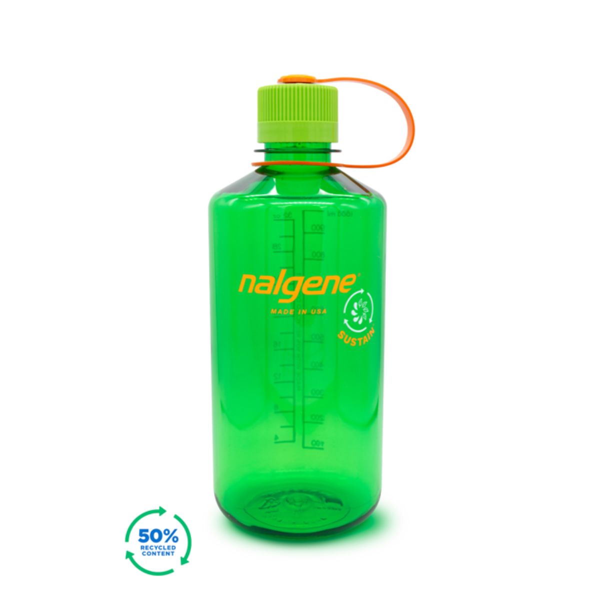 grønn drikkeflaske som rommer 1 liter drikke. Drikketut med skrukork