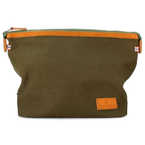 mørk grønn toalettmappe med skinndetaljer