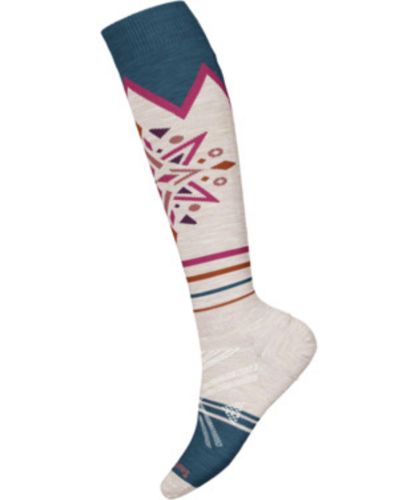 Vis detaljer for Women's Ski Full Cushion Mountain Snowflake Pattern tykk ullsokk, hvit med rosa mønster