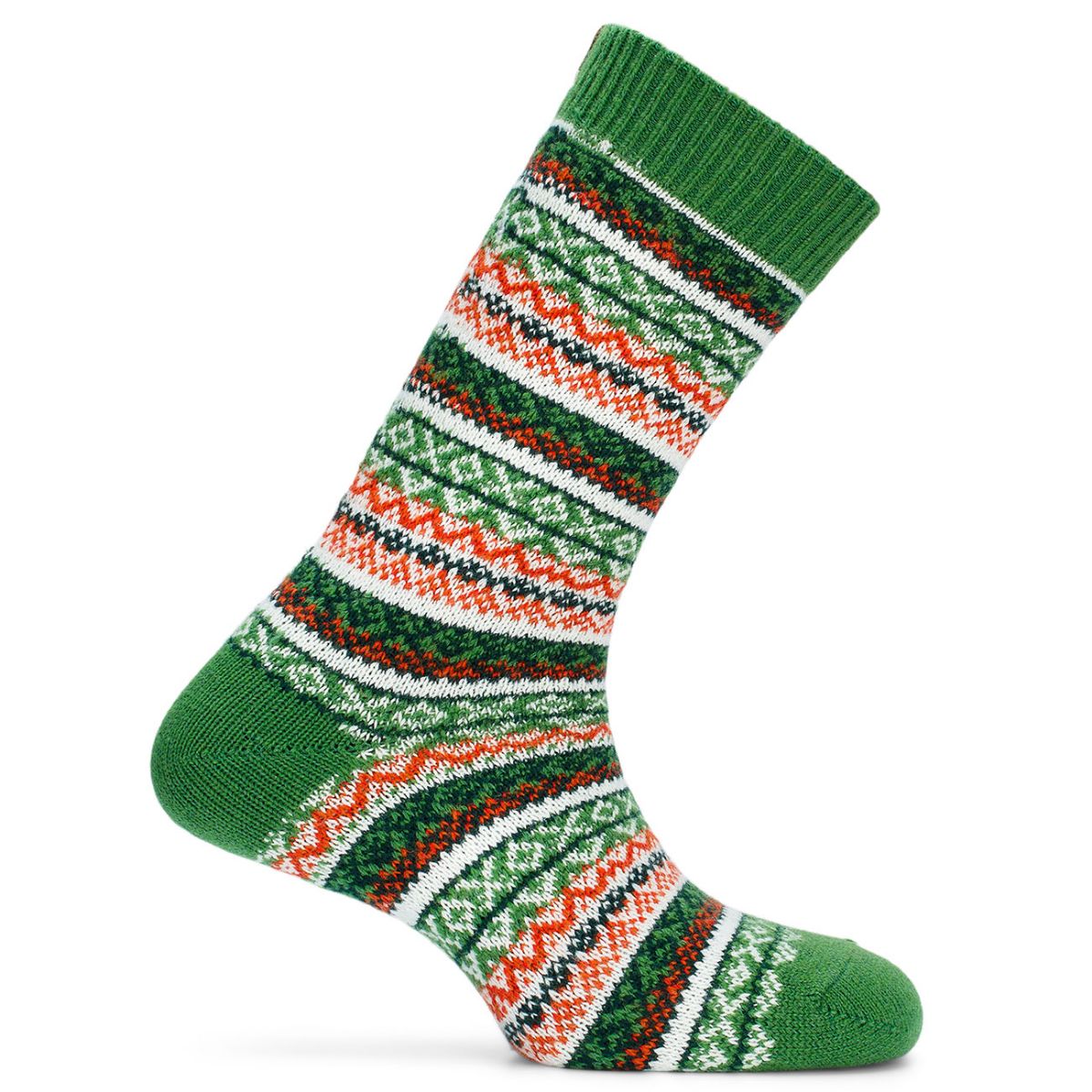 mønstret sokker i ullblanding. grønn, hvit og oransje mønster