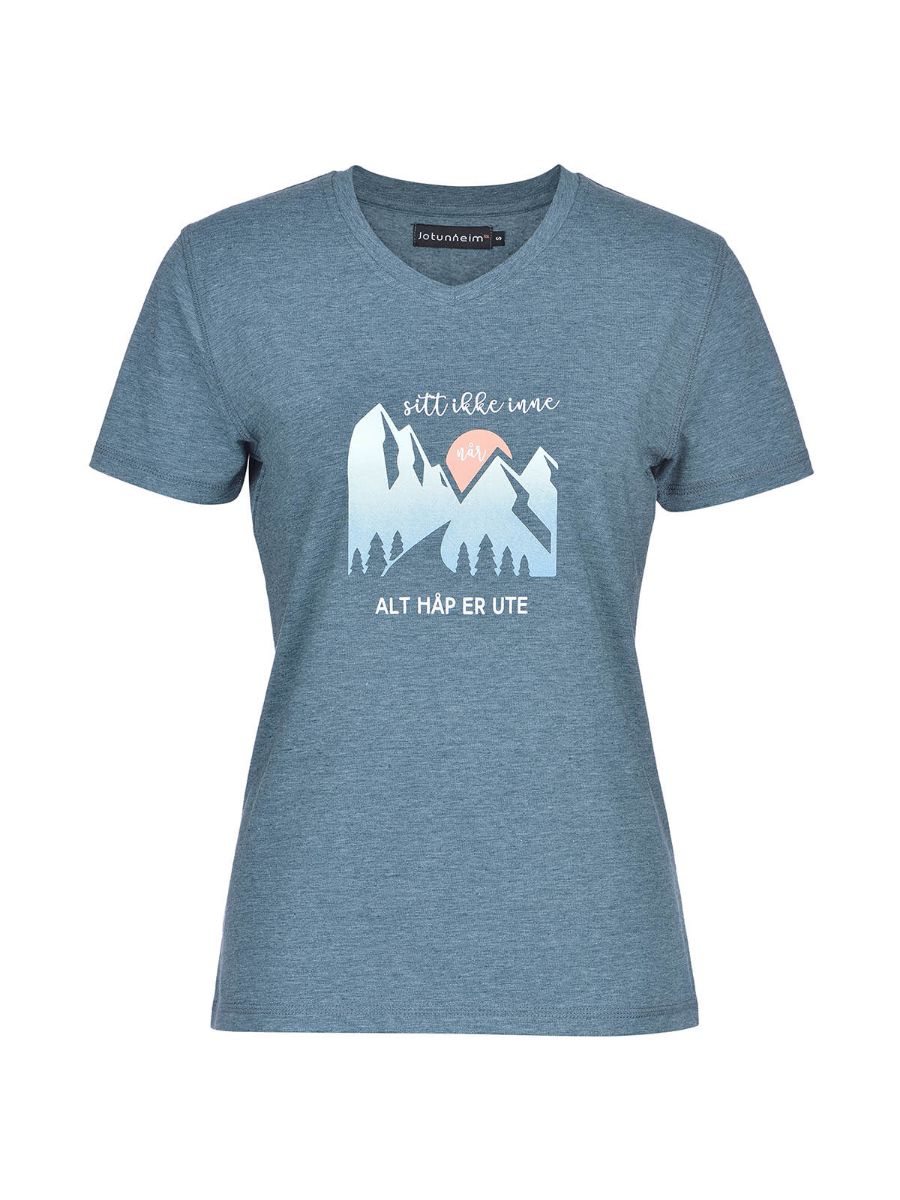 Varde Tshirt m/print fra Jotunheim til dame, med print "Sitt ikke inne når alt håp er ute" i fargen Orion Blue