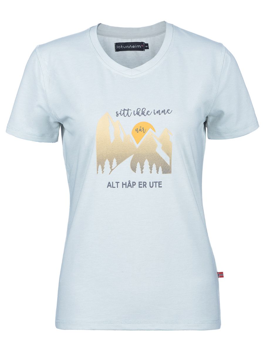 Varde Tshirt m/print fra Jotunheim til dame, med print "Sitt ikke inne når alt håp er ute" 