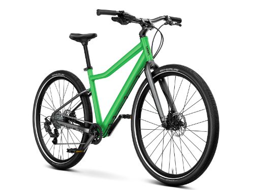 Woom Explore 6 har 8 gir, skivebremser og terrengdekk. Robust sykkel for barn 10–14 år (140–165 cm).