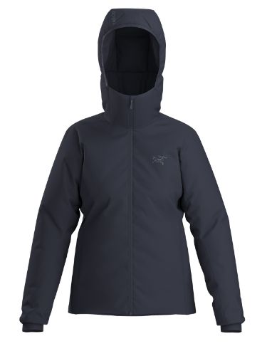 Vattert hettejakke fra Arcteryx med vindtett front og strech i sidene. Atom Hoody til dame i fargen Black Sapphire