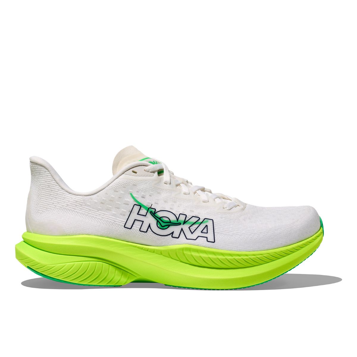 Mach 6 til herre fra Hoka i fargen White Neon Lime- en gøy og responsiv løpesko