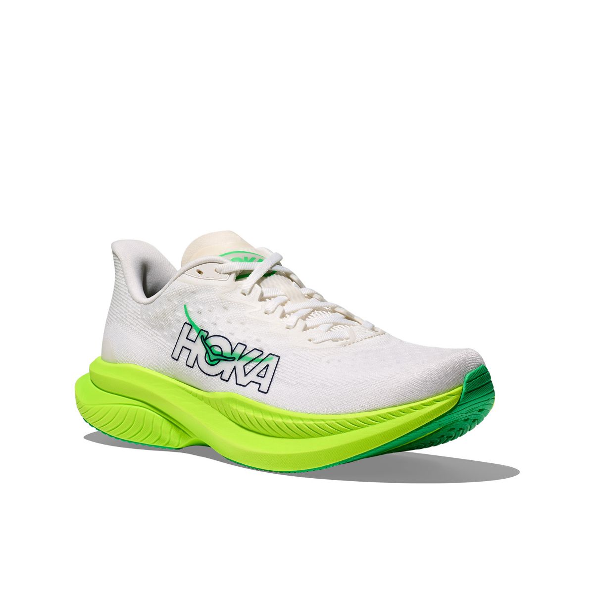 Mach 6 til herre fra Hoka i fargen White Neon Lime- en gøy og responsiv løpesko