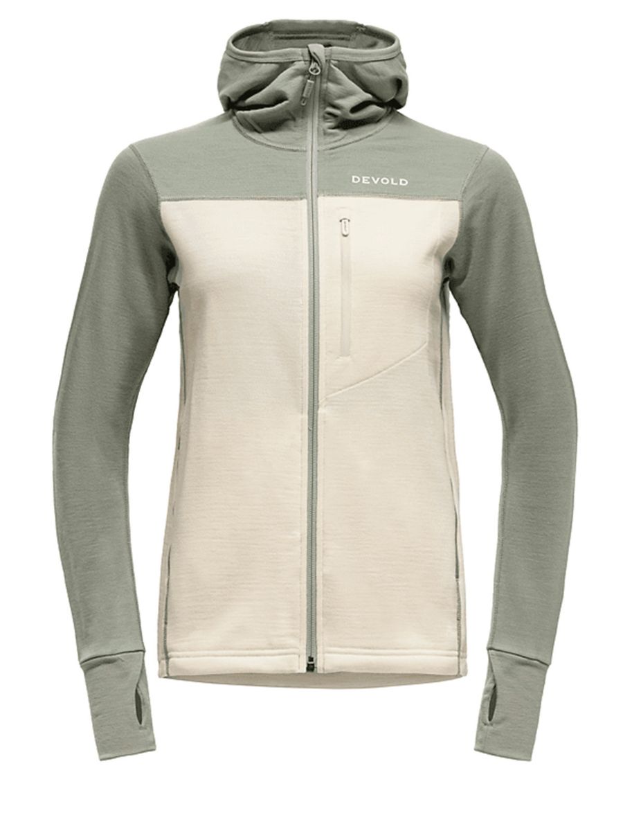 Hettejakke i merinoull til dame fra Devold i fargen Fog Raw White
