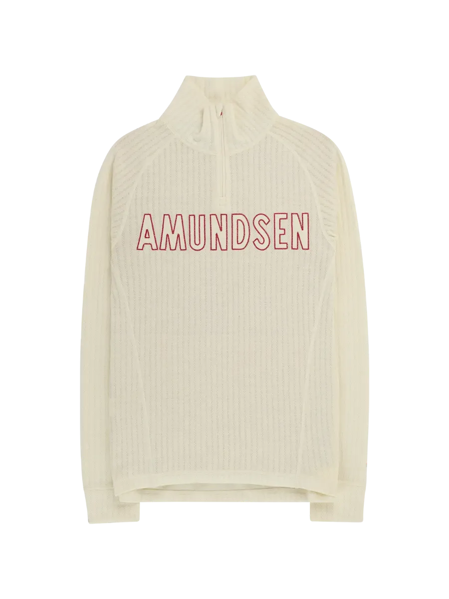 Amundsen Hero's Hide Half Zip Mens i fargen Natural med rød Amundsen Logo. Ulltrøye fra Amundsen til herre med glidelås i halsen