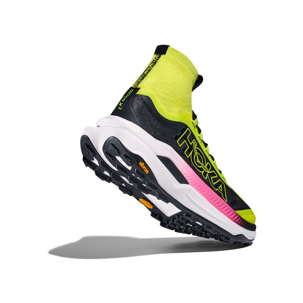 Teknisk og godt dempet terrengsko til herre fra Hoka- Tecton X 3 i fargen Neon Hoka Citrus / Black