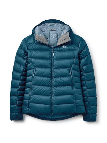 Tykk og teknisk dunjakke til dame fra Rab i fargen Tempest Blue