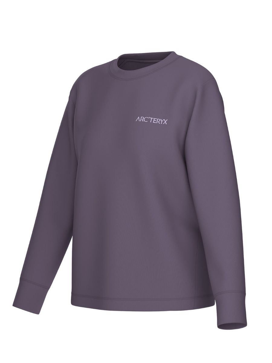 Crew neck til dame fra ArcTeryx i fargen Lt Moondrop med trykk på ryggen