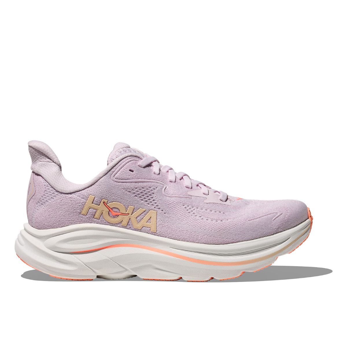 Lett og allsidig løpesko til dame fra Hoka, Clifton 10 i fargen Lilac Cream Tangerine Glow