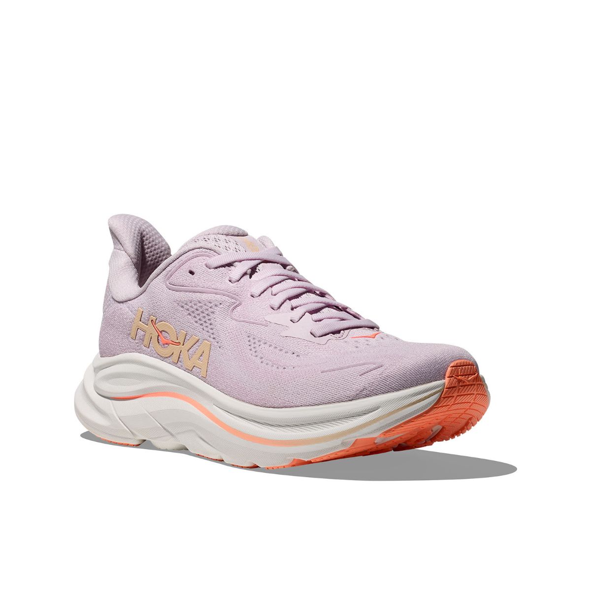 Lett og allsidig løpesko til dame fra Hoka, Clifton 10 i fargen Lilac Cream Tangerine Glow