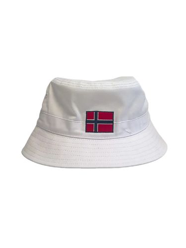 Bøttehatt i hvit med norgesflagg