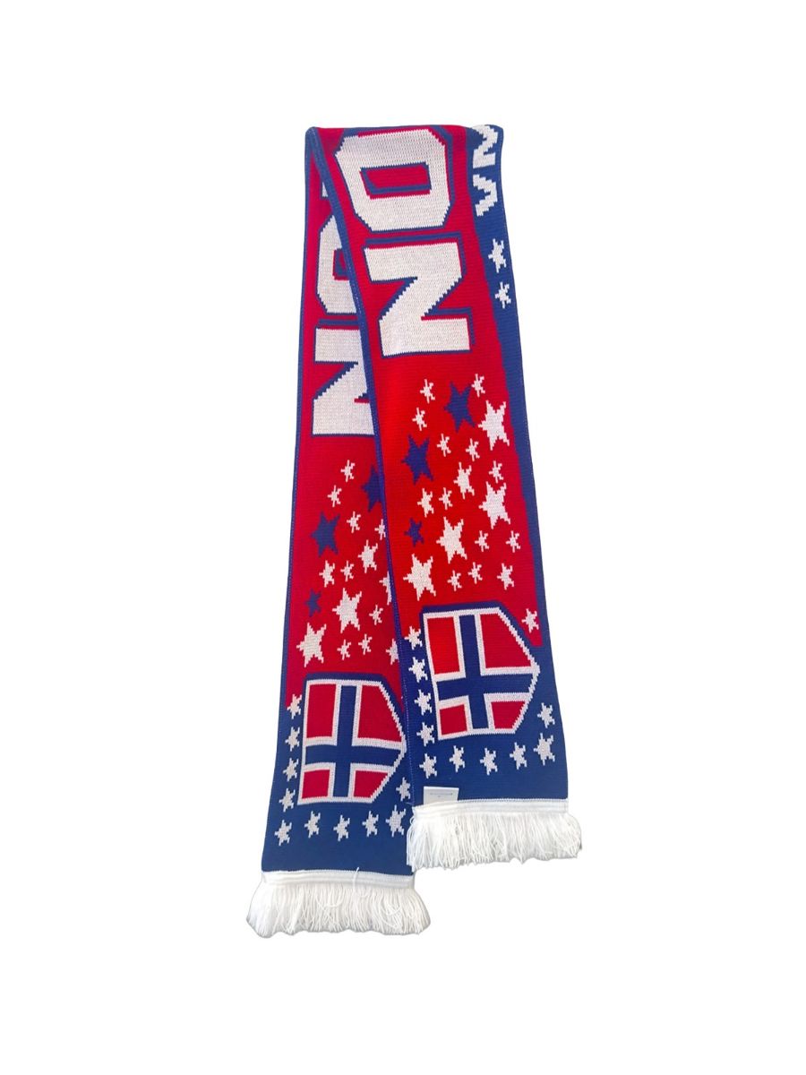 Strikkeskjerf i 100% akryl med norsk flagg og farger. Amerikansk stjernevariant