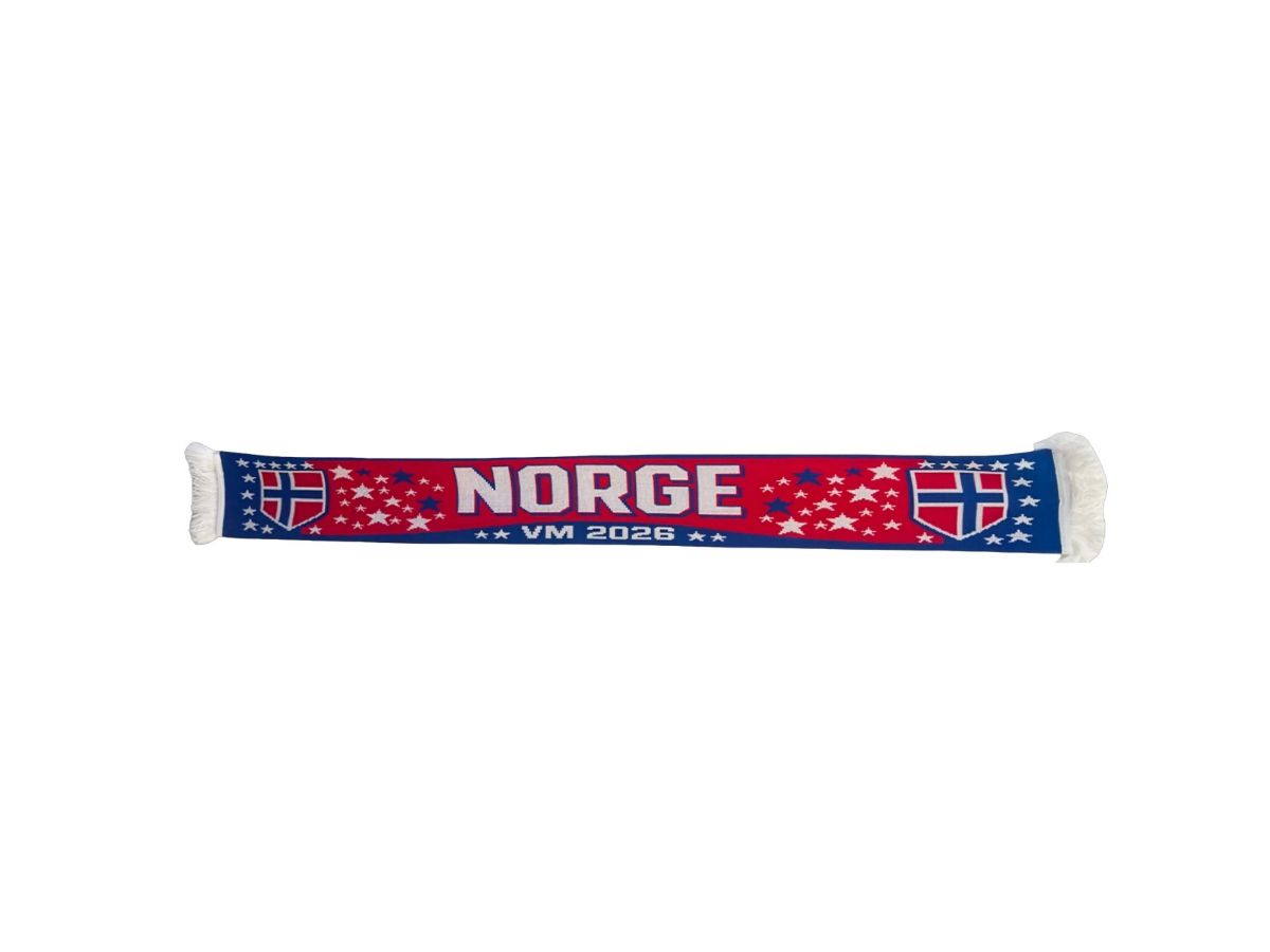Strikkeskjerf i 100% akryl med norsk flagg og farger. Amerikansk stjernevariant