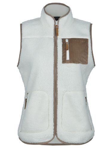 Teddyvest fra Jotunheim til dame. Hvit farge på vesten med brun brystlomme og detaljer