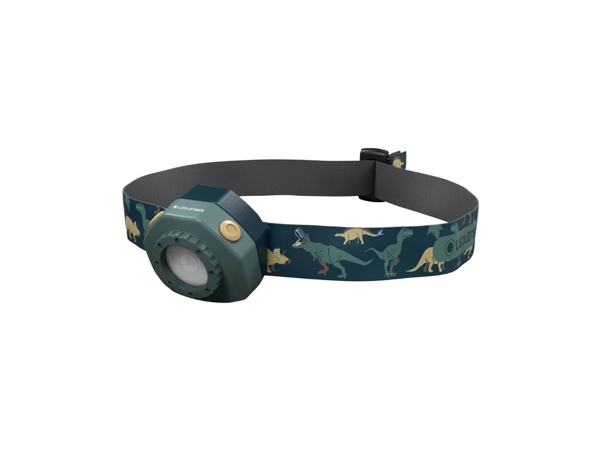 Hodelykt til barn fra Ledlenser med dinosaur-motiv på hodestrikk