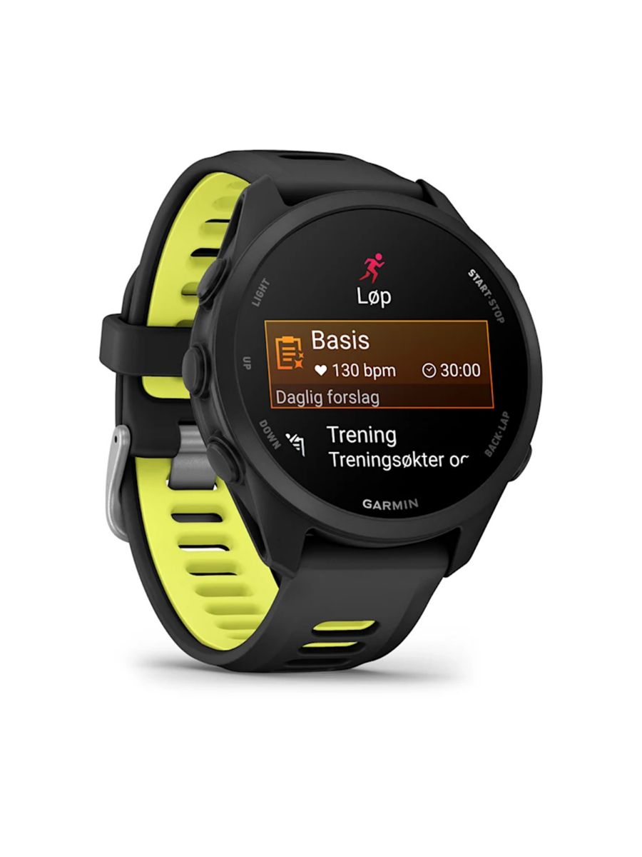 Smartklokke fra Garmin med svart og gul reim