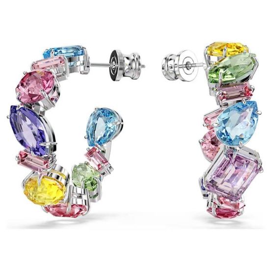 Swarovski øredobber Gema hoop earrings Asymmetrical design, Mixed cuts, Small, Multicolored, Rhodium plated - 5692412