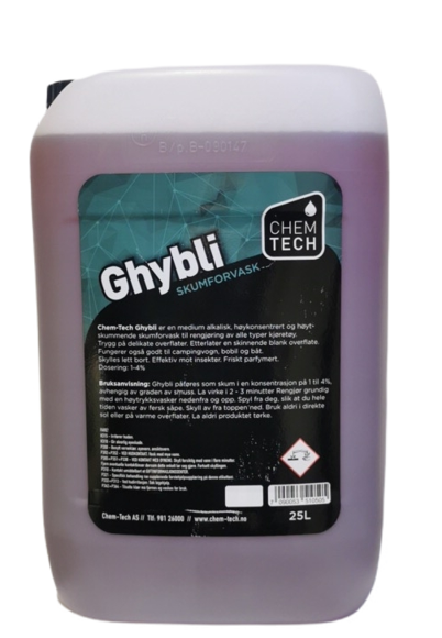 Ghybli 25ltr. medium alkalisk, høykonsentrert og høytskummende skumforvask til rengjøring av alle typer kjøretøy.Dos: 1-4%