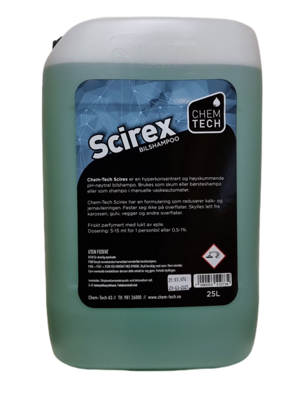 bilvask, shampoo, forvask,Scirex 25ltr. ph-nøytral og skummende shampoo uten voks. Dos: 5-20ml/bil