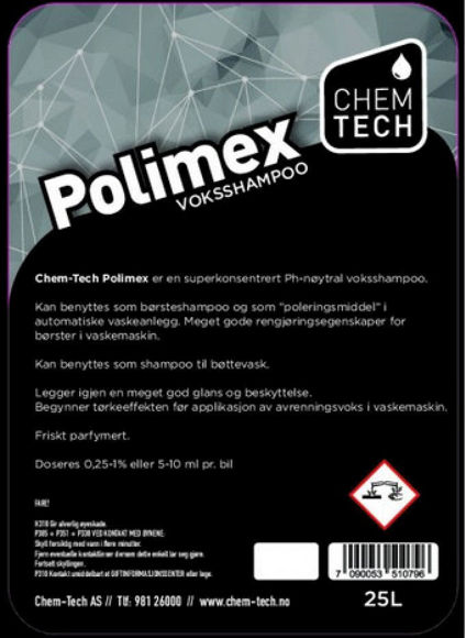 Polimex 25ltr. Ph nøytral voksshampoo. Doseres 0,25-1% eller 5-10 ml pr. bil