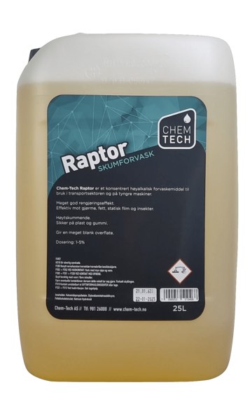 Raptor 200 ltr.  er et konsentrert høyalkalisk forvaskemiddel til bruk i transportsektoren og på tyngre maskiner