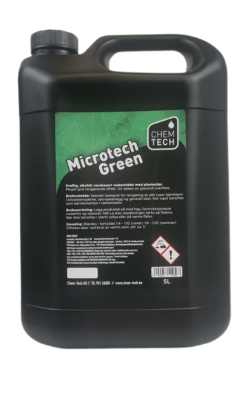 Microtech Green 5 ltr. Kraftig, alkalisk vannbasert vaskemiddel med planteoljer.Vask av gulv.Dos: 1-4 - 1-10