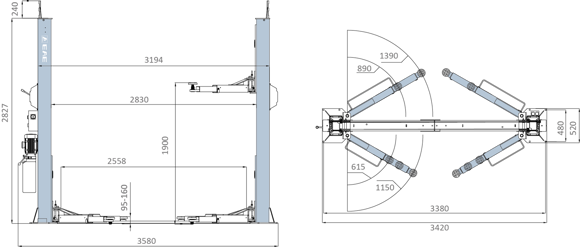 F10M 2-søylet løftebukk 4,2 tonn m/bunnramme 1-fas