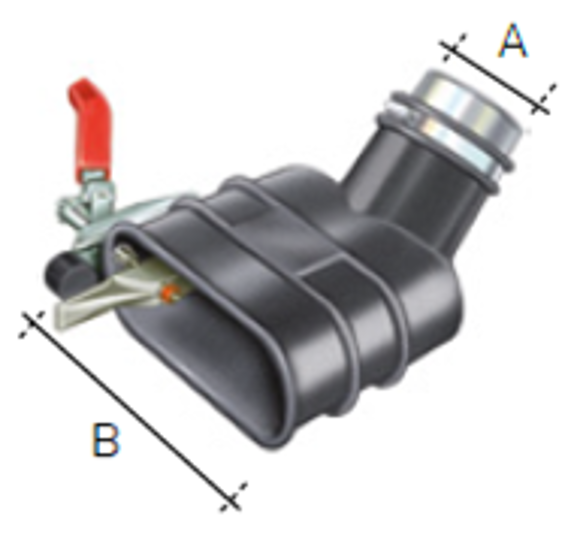 Bilde av AER BGIM1 Eksosmunnstykke vinklet med oval åpning og festeklo. Åpning stuss Ø:150mm Slange Ø:75mm