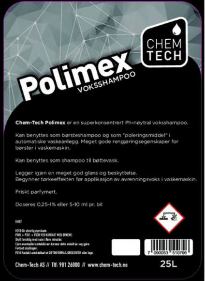 Bilde av Polimex 25ltr. Ph nøytral voksshampoo. Doseres 0,25-1% eller 5-10 ml pr. bil