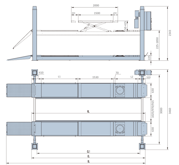 Bilde av 6435BWF.GALV48.50T Galvanisert 4 Søyler løftebukk 5,0T x 4800mm. inkl. Frihjulsløft, klar for Svingsk,Glideplater.