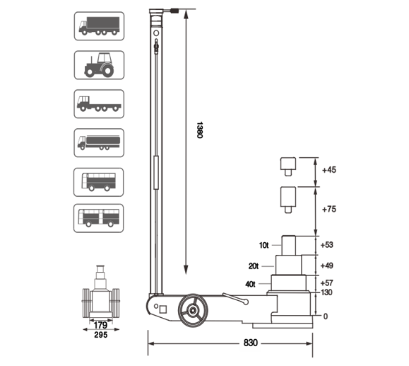 Bilde av Snit Lufthydraulisk jekk 40 tonn 130 m.m minimum.Max 305 mm